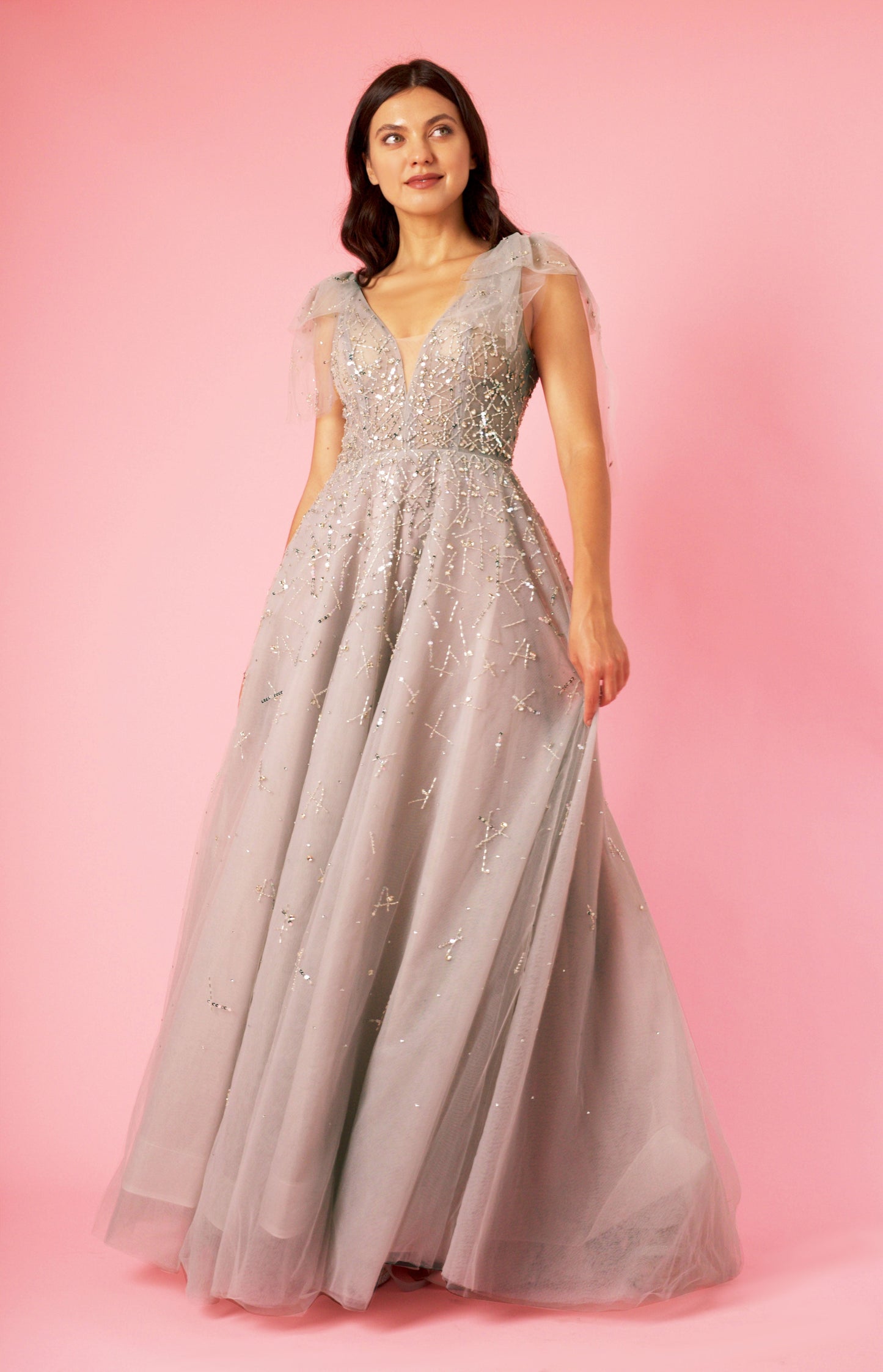 Short Sleeve Silver Formal Evening Dress Wholesale