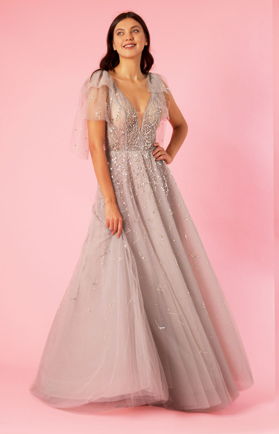 Short Sleeve Silver Formal Evening Dress Wholesale