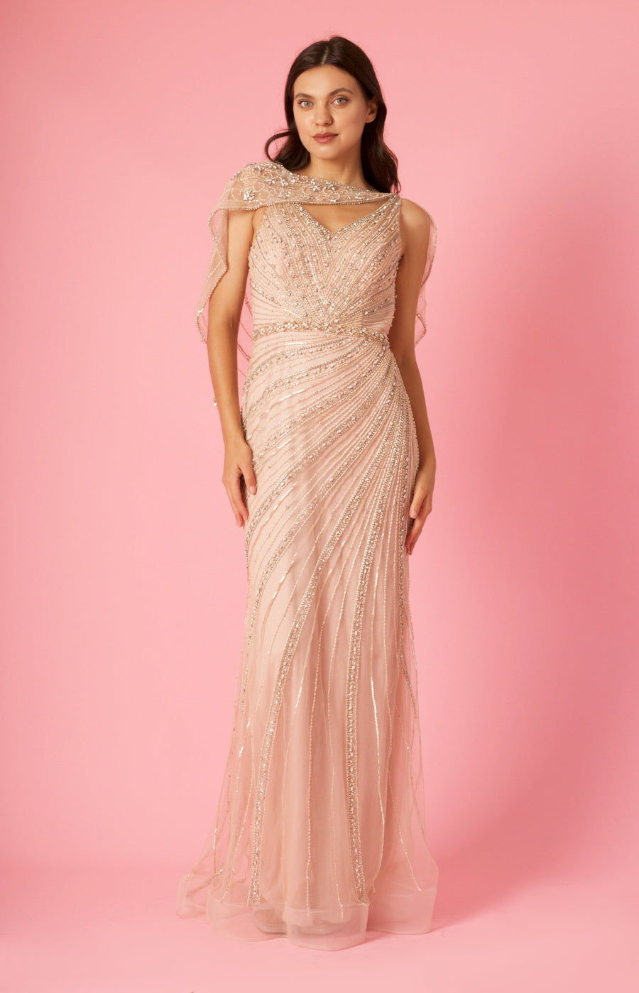 Long Couture Hand Beaded Formal Cape Dress Wholesale