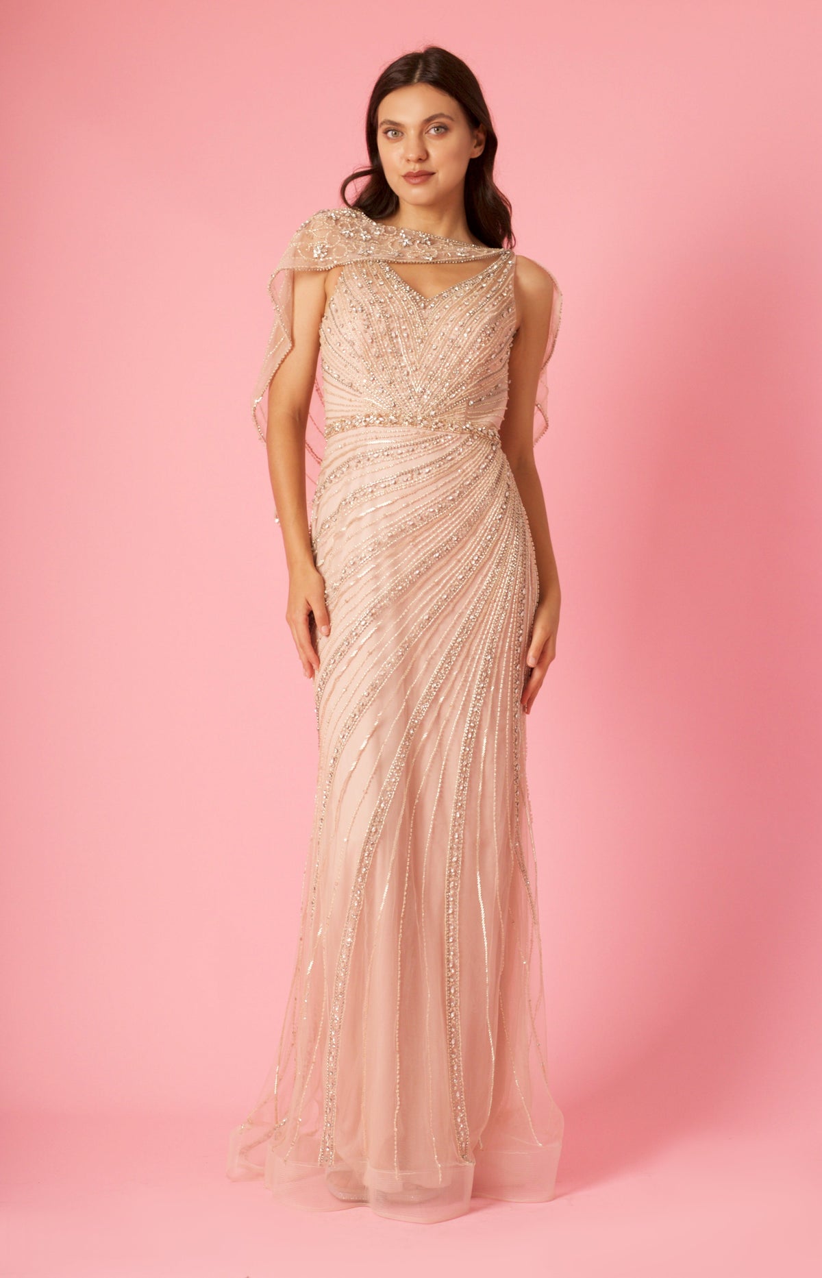 Long Couture Hand Beaded Formal Cape Dress Wholesale
