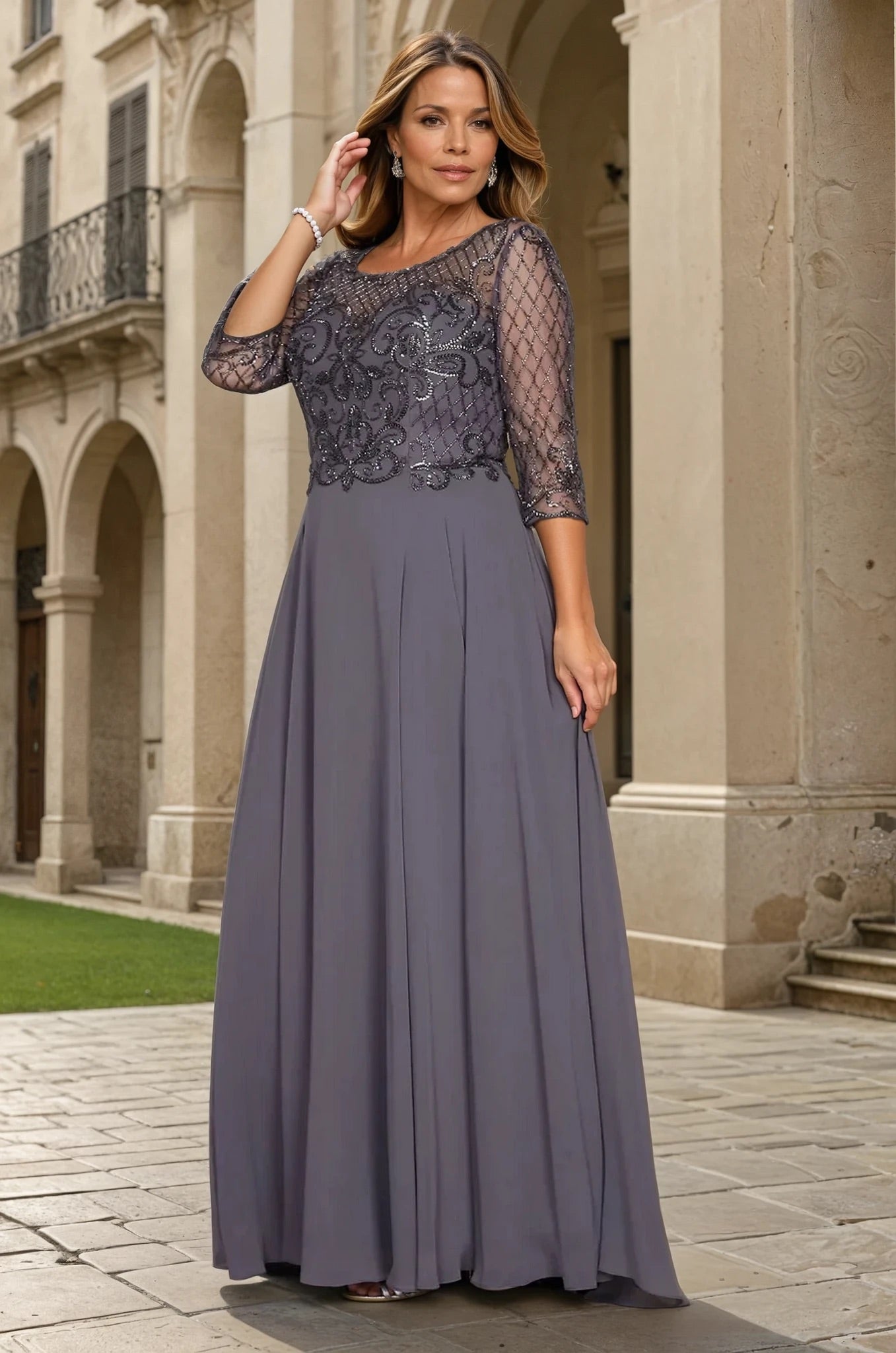 Long Sleeve Hand Beaded Mother of The Bride Dress Wholesale