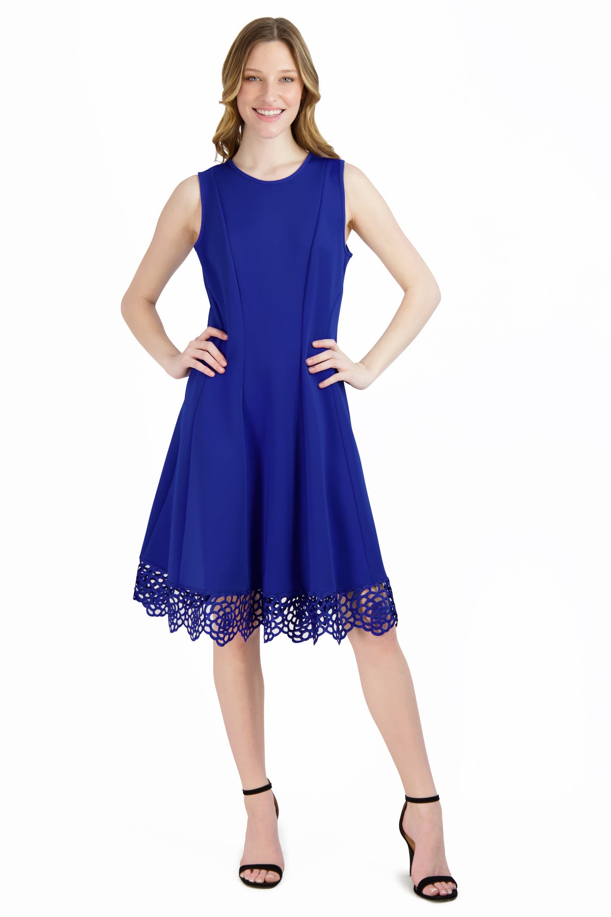 Donna Ricco Sleeveless Embroidered Hem A-Line Scuba Dress DR50170 Wholesale