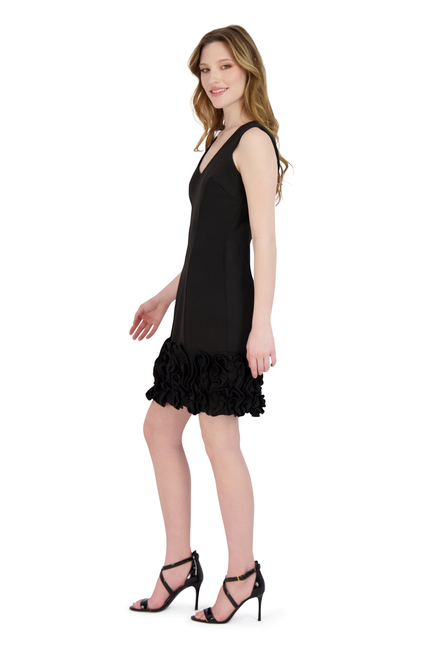 Donna Ricco Sleeveless V-Neck Cupcake Ruffle Hem Scuba Sheath Dress DR50413 Wholesale