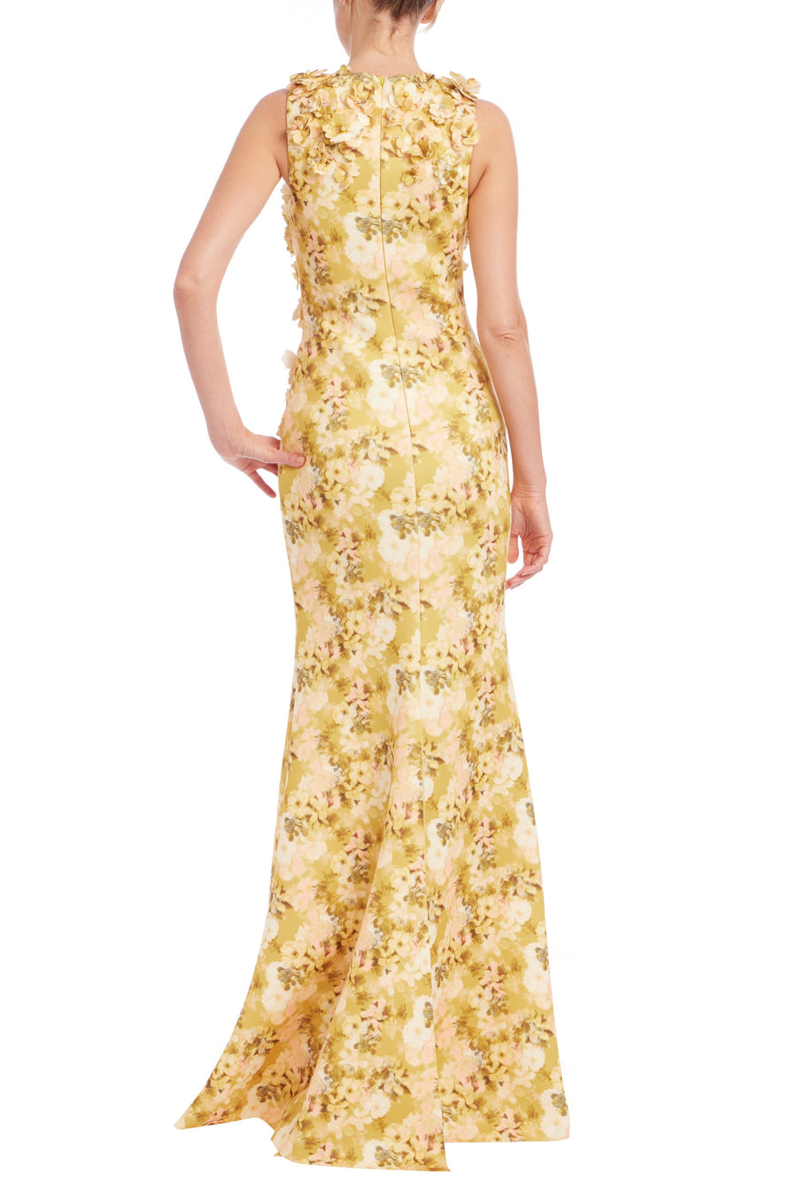 Yellow Multi Jewel Neck Floor-Length Mikado Formal Sheath Dress 3D Floral Appliqué Badgley Mischka EG4449