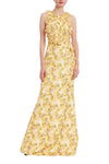 Yellow Multi Jewel Neck Floor-Length Mikado Formal Sheath Dress 3D Floral Appliqué Badgley Mischka EG4449