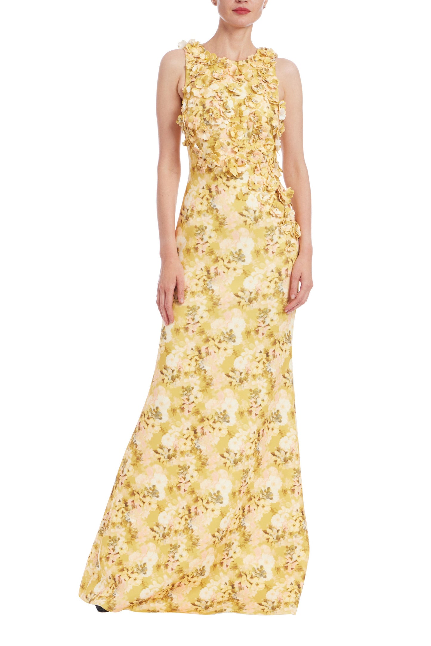 Yellow Multi Jewel Neck Floor-Length Mikado Formal Sheath Dress 3D Floral Appliqué Badgley Mischka EG4449