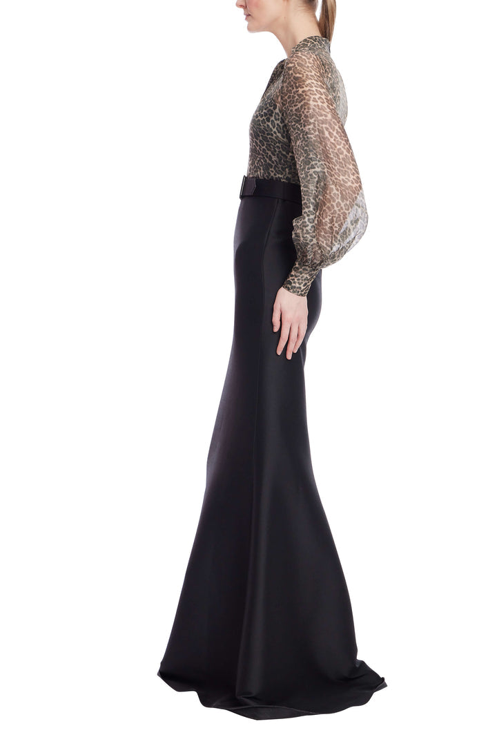Black High Neck Floor-Length Crepe Mother of the Bride Mermaid Dress Sheer Animal Print Bodice Badgley Mischka EG4602A