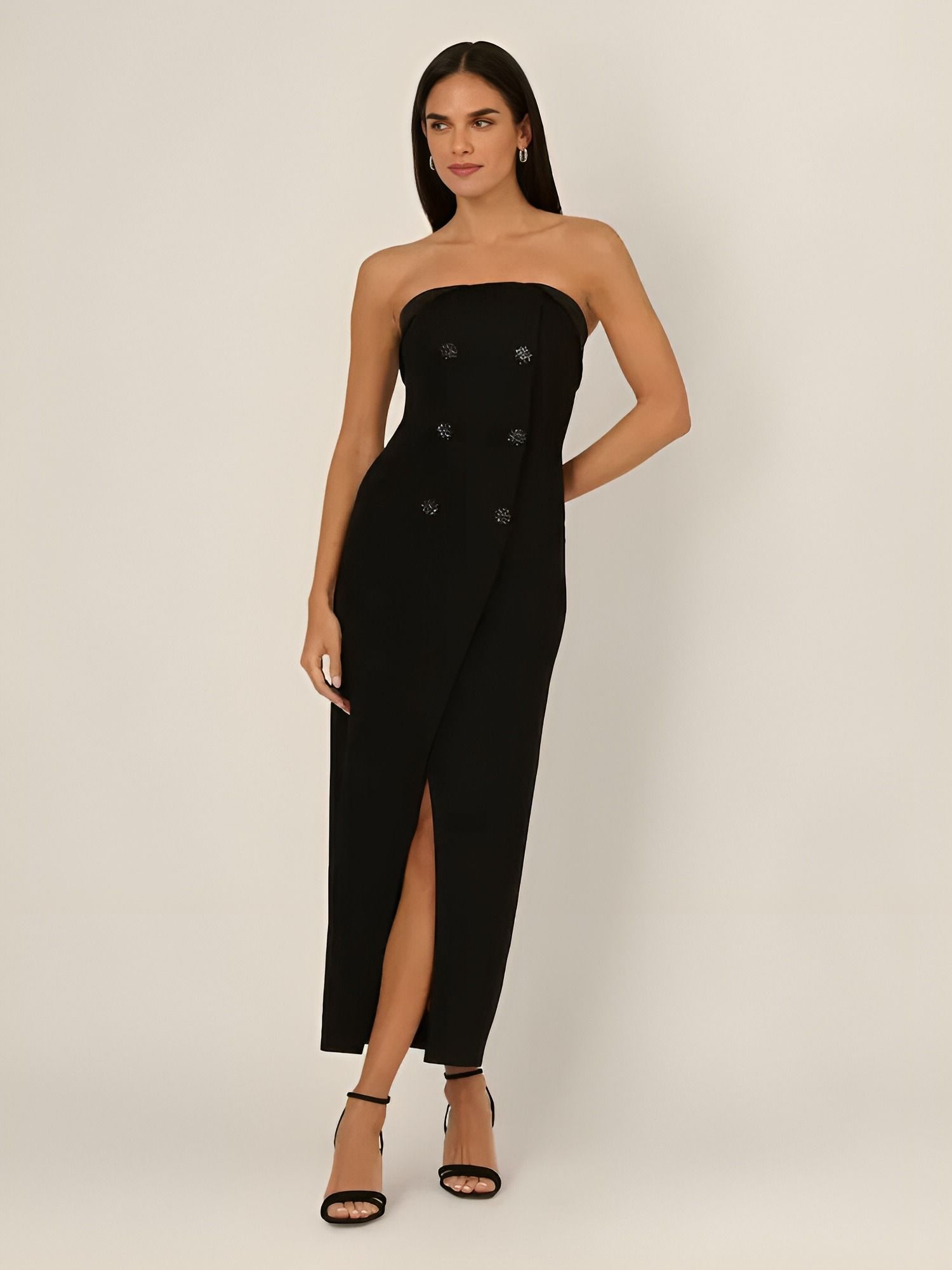 Black Strapless Midi Crepe Cocktail Dress with Front Slit Adrianna Papell ADAE211446