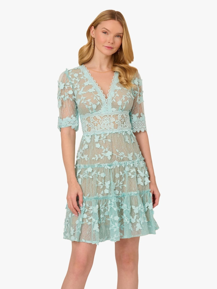 Adrianna Papell AP1D105244 Short V Neck Lace Cocktail Dress