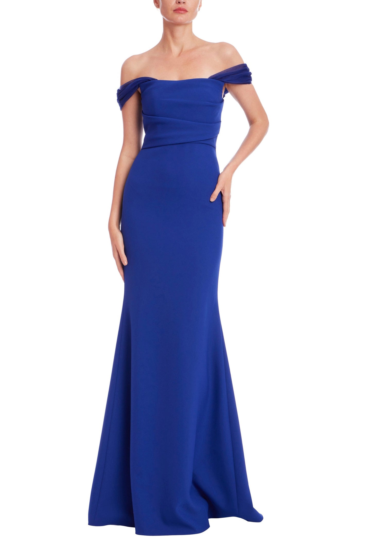 Blueberry Off-the-Shoulder Floor-Length Crepe Formal Column Gown Draped Sleeves Badgley Mischka EG4499