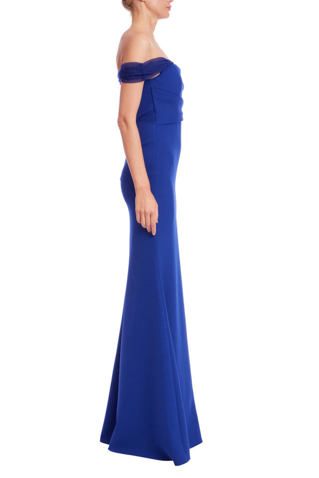 Blueberry Off-the-Shoulder Floor-Length Crepe Formal Column Gown Draped Sleeves Badgley Mischka EG4499