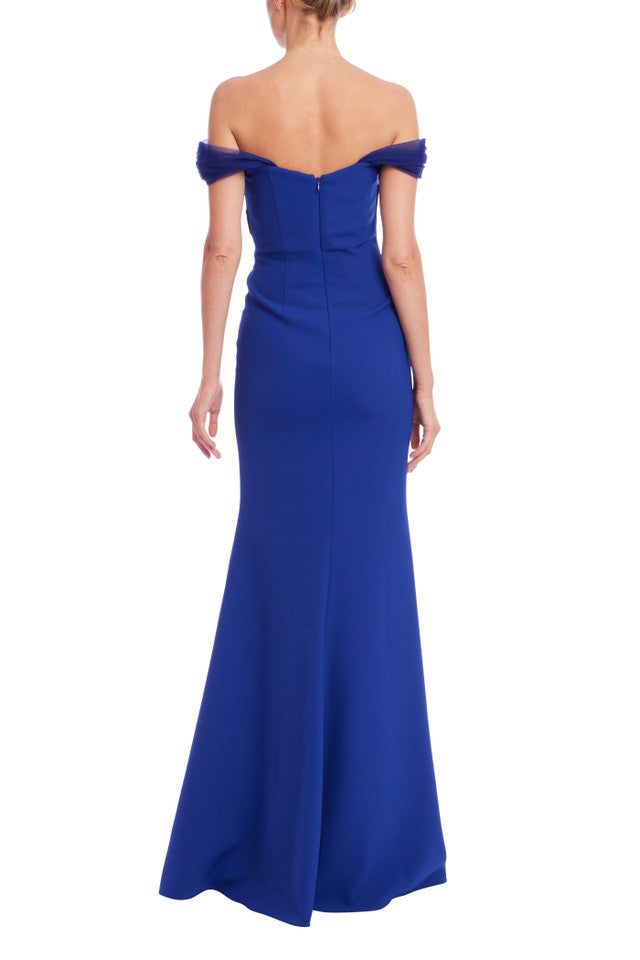 Blueberry Off-the-Shoulder Floor-Length Crepe Formal Column Gown Draped Sleeves Badgley Mischka EG4499