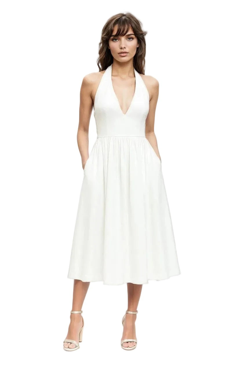 Badgley Mischka Halter V-Neck A-Line Midi Dress J0558 Wholesale