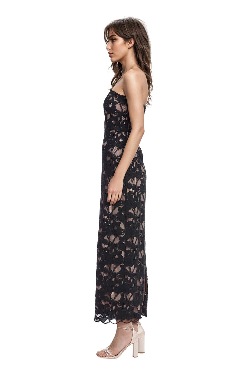 Black Strapless Floor-Length Lace Formal Gown Scalloped Trim Badgley Mischka J0711