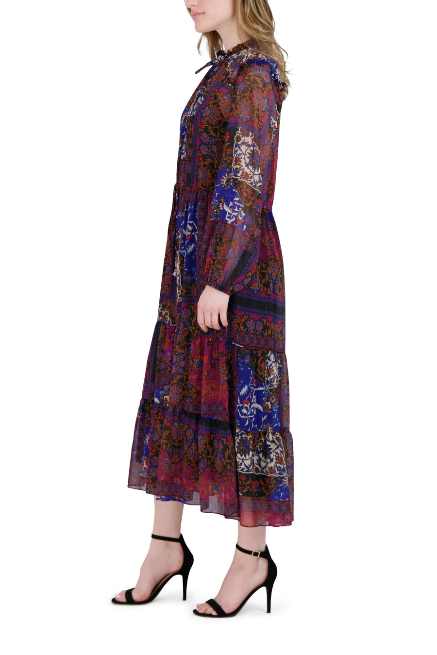 Black High Neck Midi-Length Chiffon Floral Tiered Dress Long Sleeves Julia Jordan JJ39154