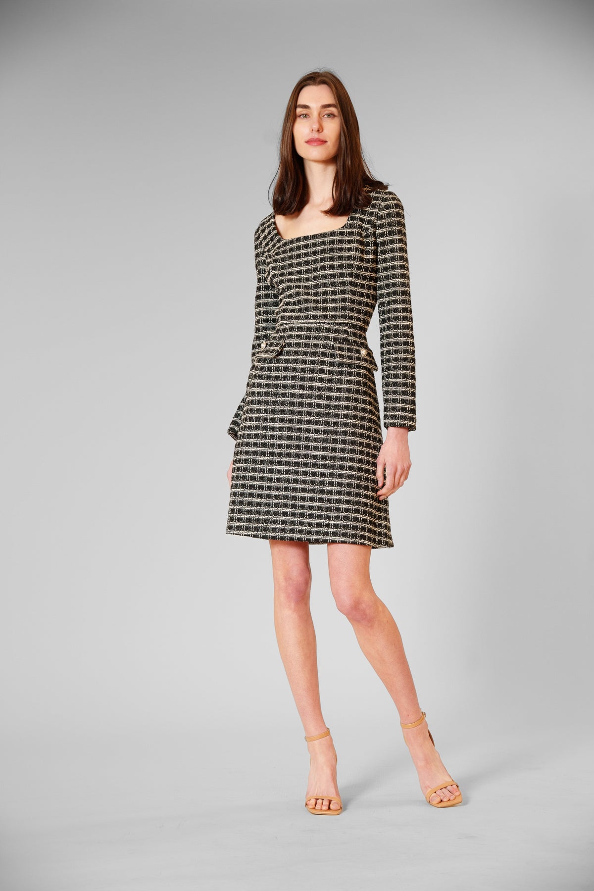 Julia Jordan Long Sleeve Square Neck Belted Boucle Short Dress JJ41312 Wholesale