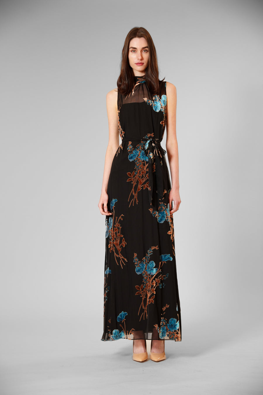 Velvet Print Overlay Gown with Tie Neck Julia Jordan JJ41454 Wholesale