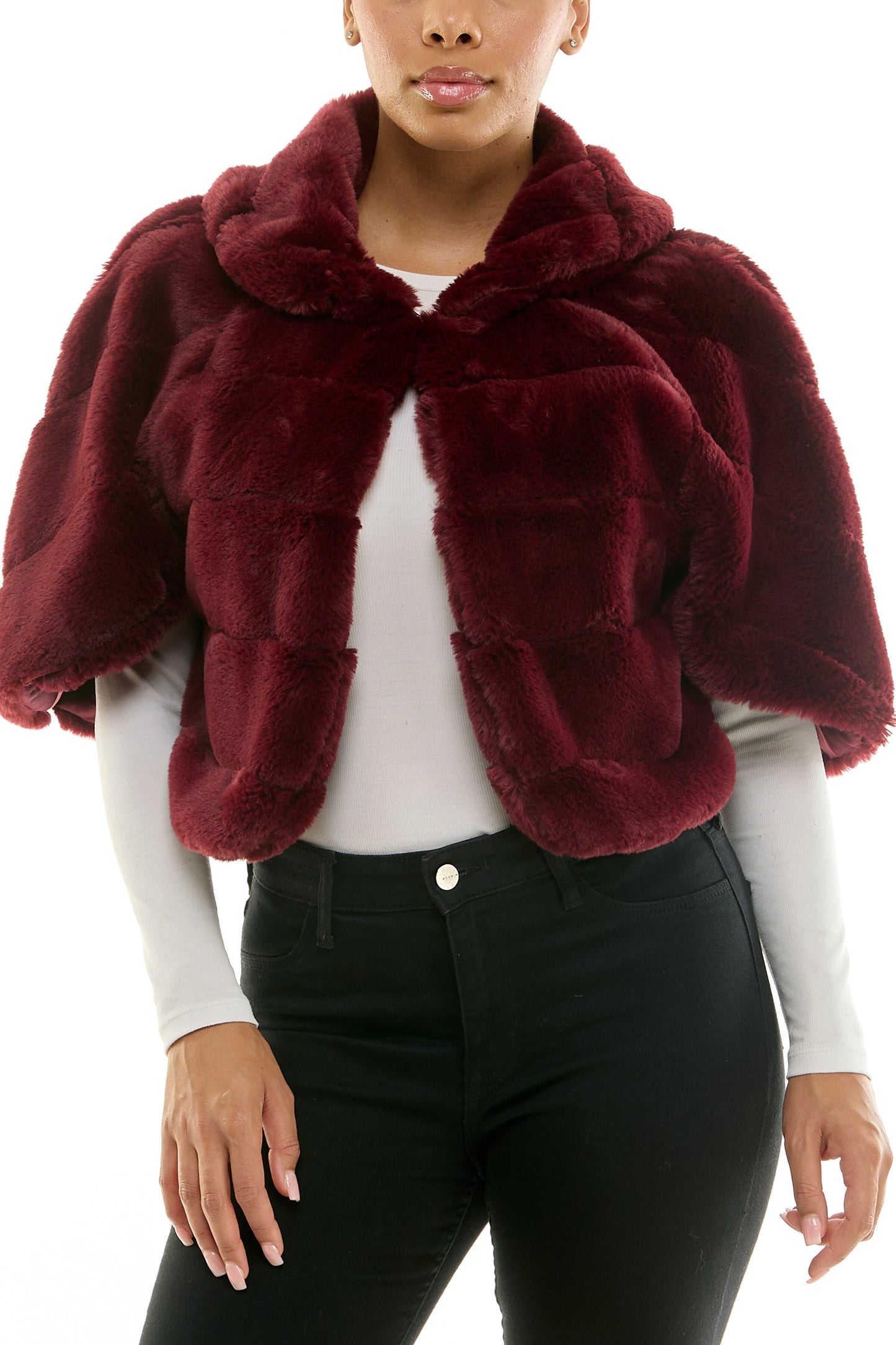 Deep Wine Collared Cropped Faux Fur Formal Bolero Capelet Jacket Nina Leonard L2354AF