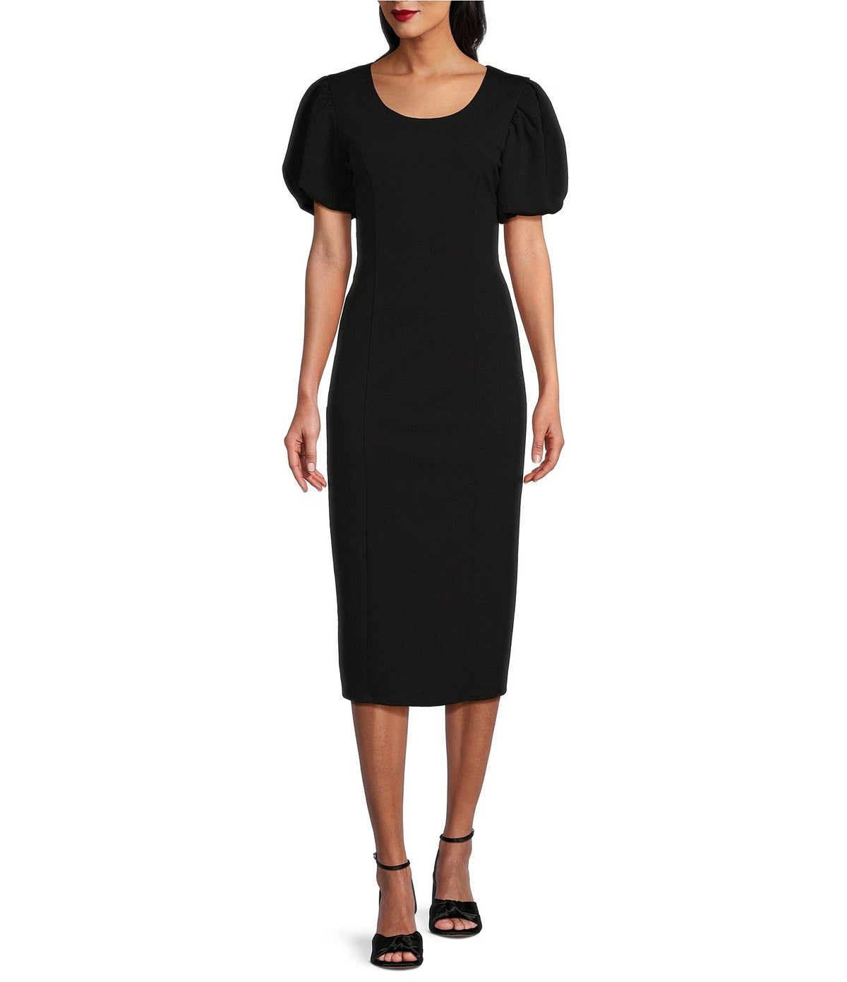 Marina Short Puffed Sleeve Fitted Cocktail Midi Dress MA269141 Wholesale