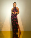 Beaded Floral Halter Column Gown With Mock Neck