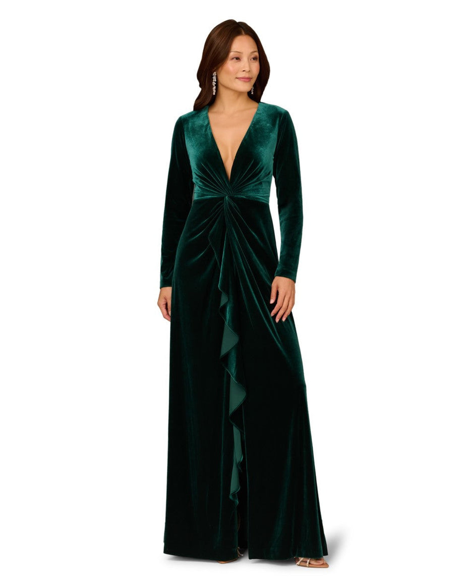 Spruce Aidan Mattox MD1E209722 V-Neck Long Velvet Evening Ruffle Gown