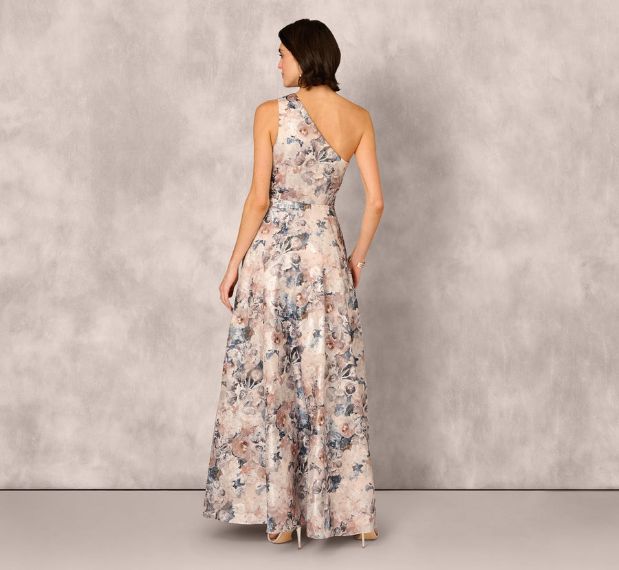 Blue Multi Adrianna Papell MD1E209791 One-Shoulder Long Metallic Formal Ruffle Gown
