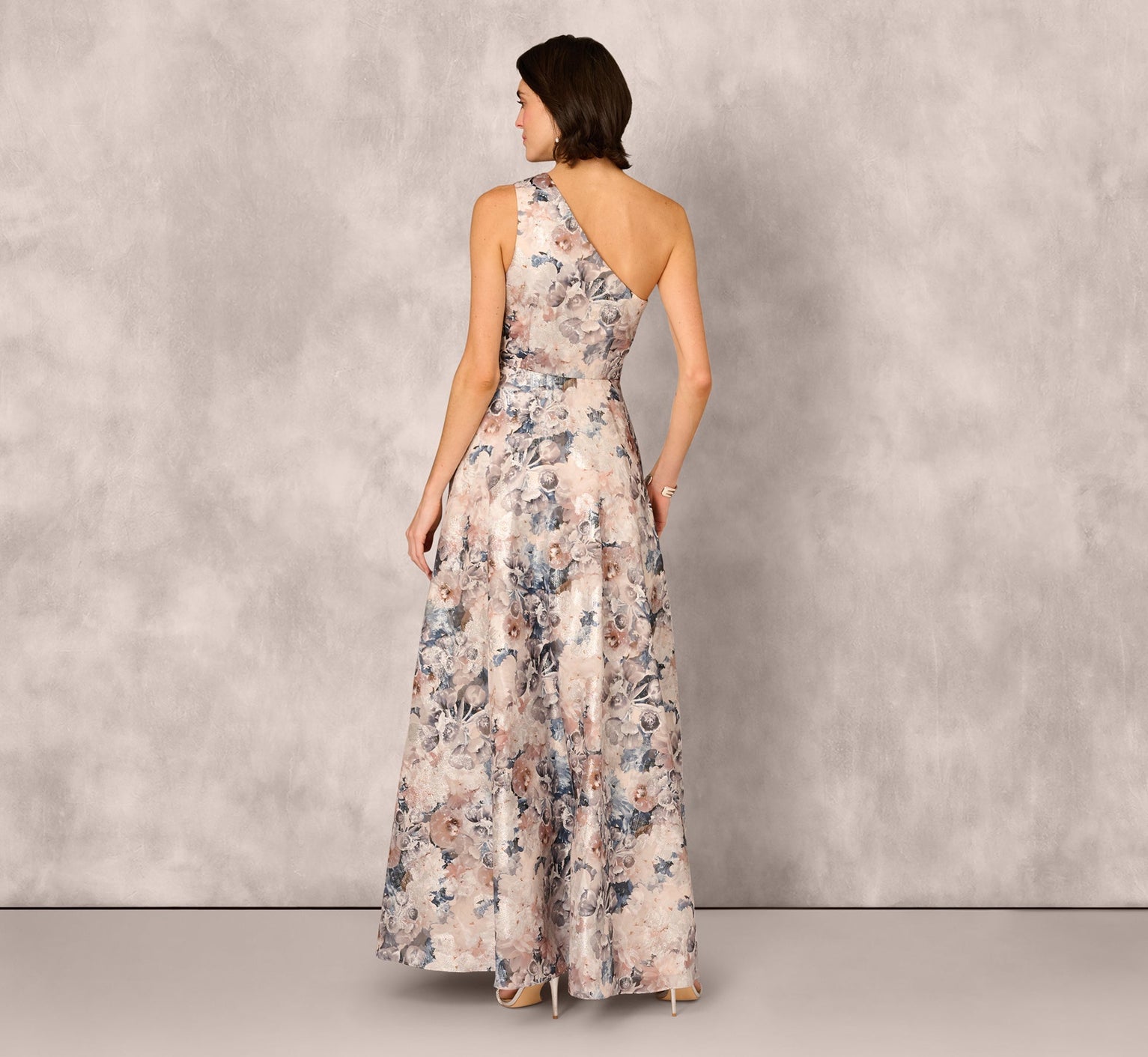 Blue Multi Adrianna Papell MD1E209791 One-Shoulder Long Metallic Formal Ruffle Gown