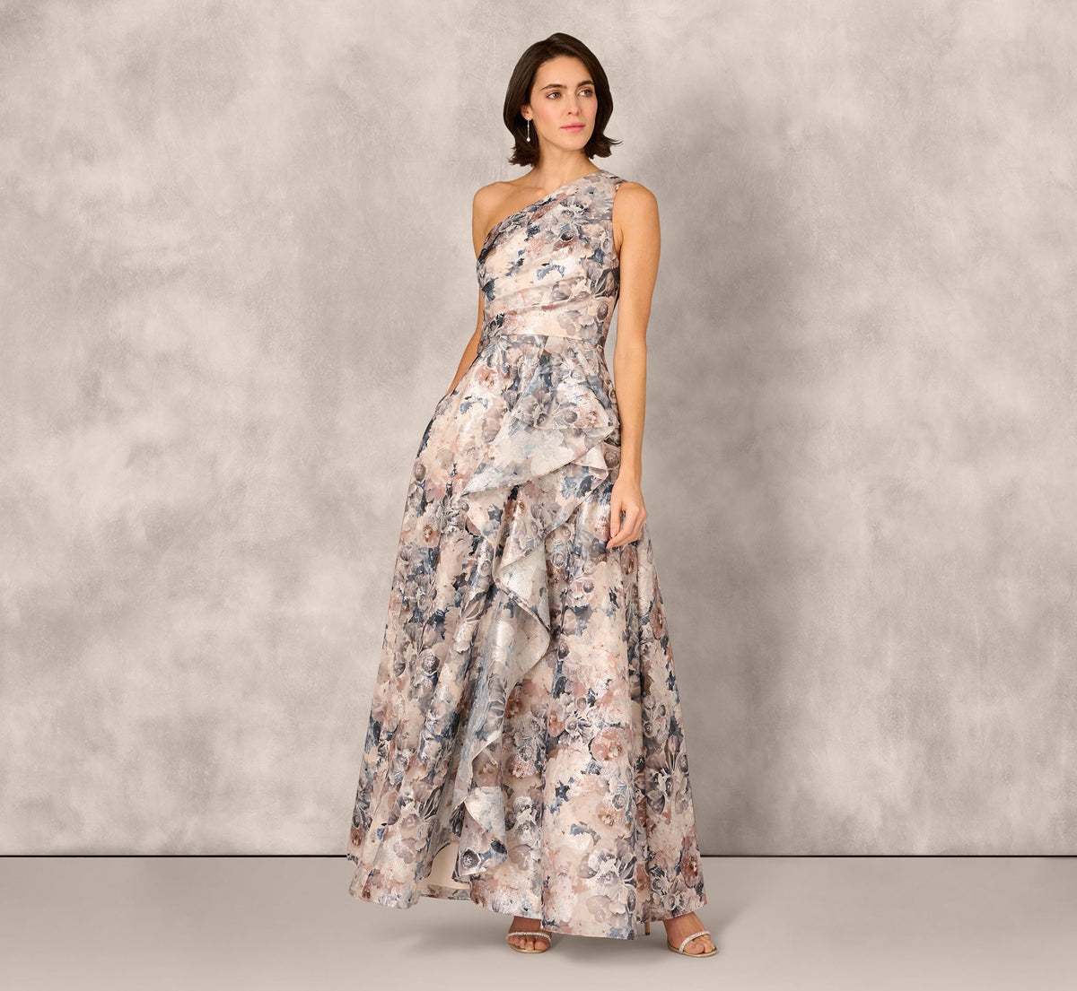 Blue Multi Adrianna Papell MD1E209791 One-Shoulder Long Metallic Formal Ruffle Gown