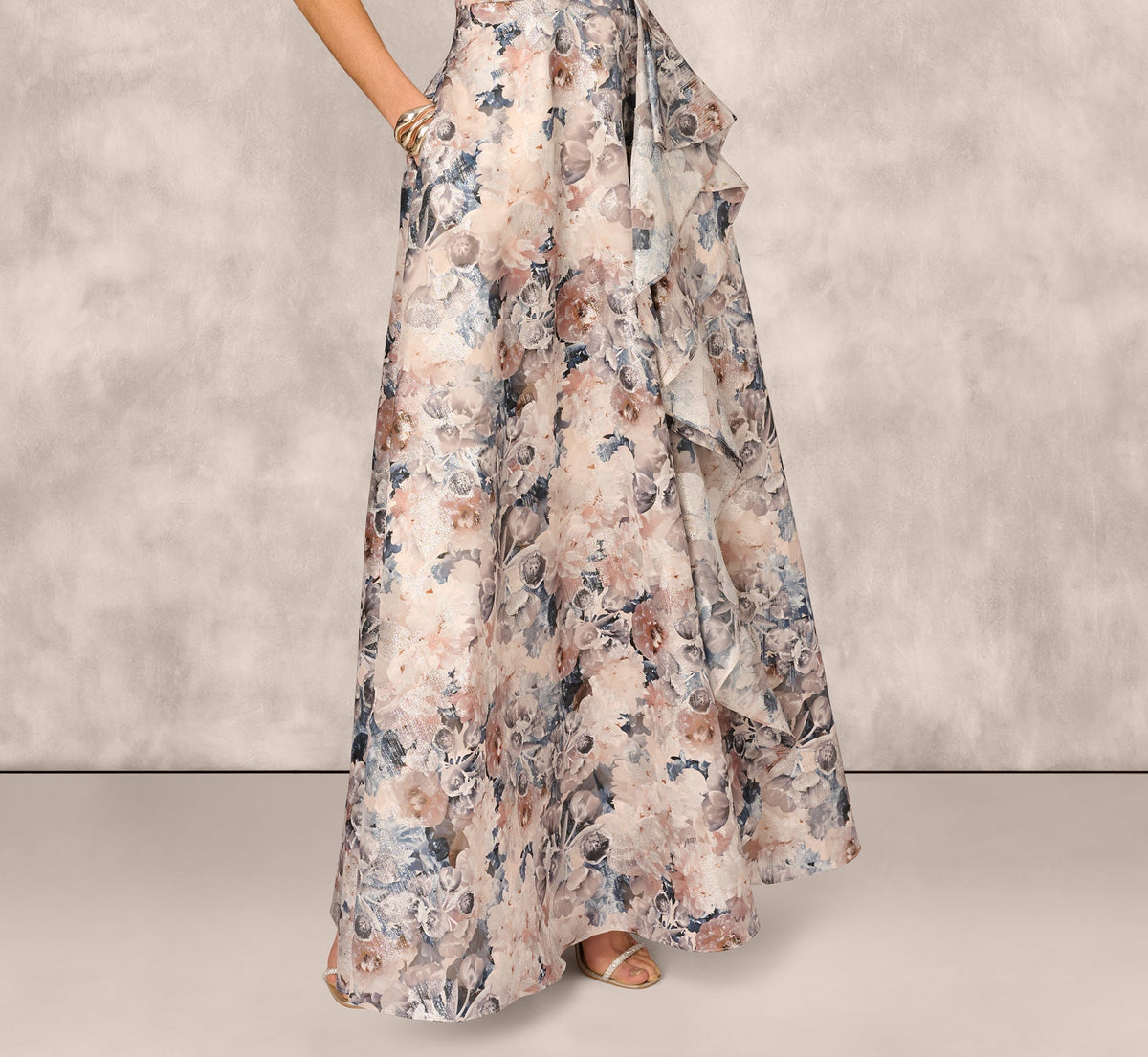 Blue Multi Adrianna Papell MD1E209791 One-Shoulder Long Metallic Formal Ruffle Gown
