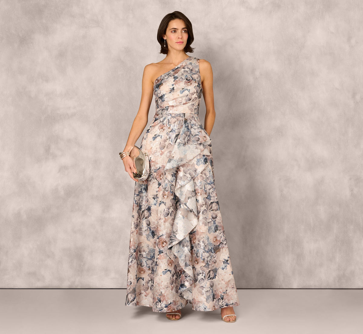 Blue Multi Adrianna Papell MD1E209791 One-Shoulder Long Metallic Formal Ruffle Gown