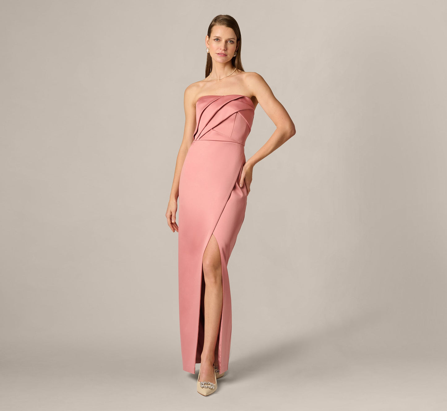 Rose Aidan Mattox MD1E209846 Strapless Floor-Length Satin Formal High Slit Dress