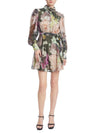 Green Multi Funnel-Neck Mini Polyester Cocktail Balloon Sleeve Dress Badgley Mischka J0012G