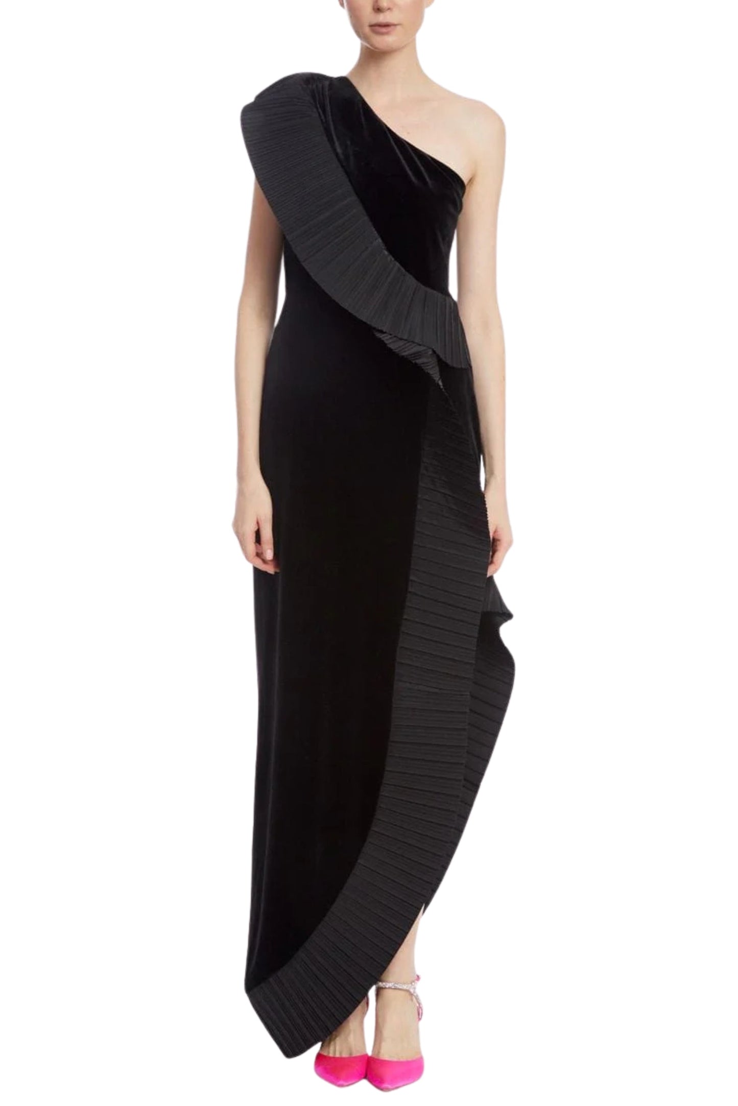 Black One Shoulder Floor-Length Velvet Cocktail Dress Pleated Ruffle and Asymmetrical Hem One 33 Social MK4459V