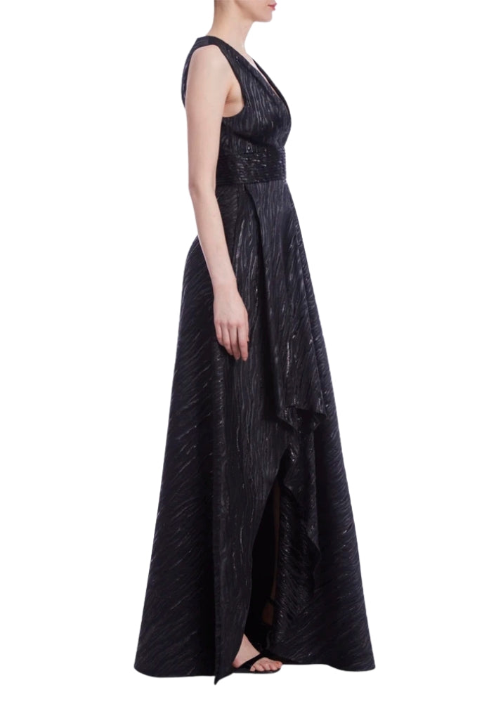 Black Deep Plunge V-Neck Floor-Length Metallic A-Line Gown One 33 Social MK5005