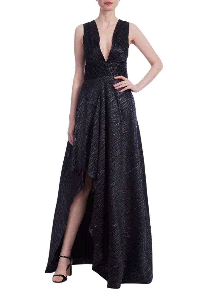 Black Deep Plunge V-Neck Floor-Length Metallic A-Line Gown One 33 Social MK5005