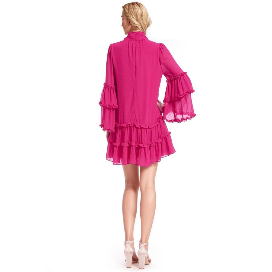 Pink High-Neck Mini Chiffon Cocktail Tiered Ruffle Dress Badgley Mischka J0193