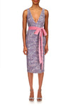Dove V-Neck Knee-Length Sequin Formal Sheath Dress Waist Tie Detail Badgley Mischka SC2809