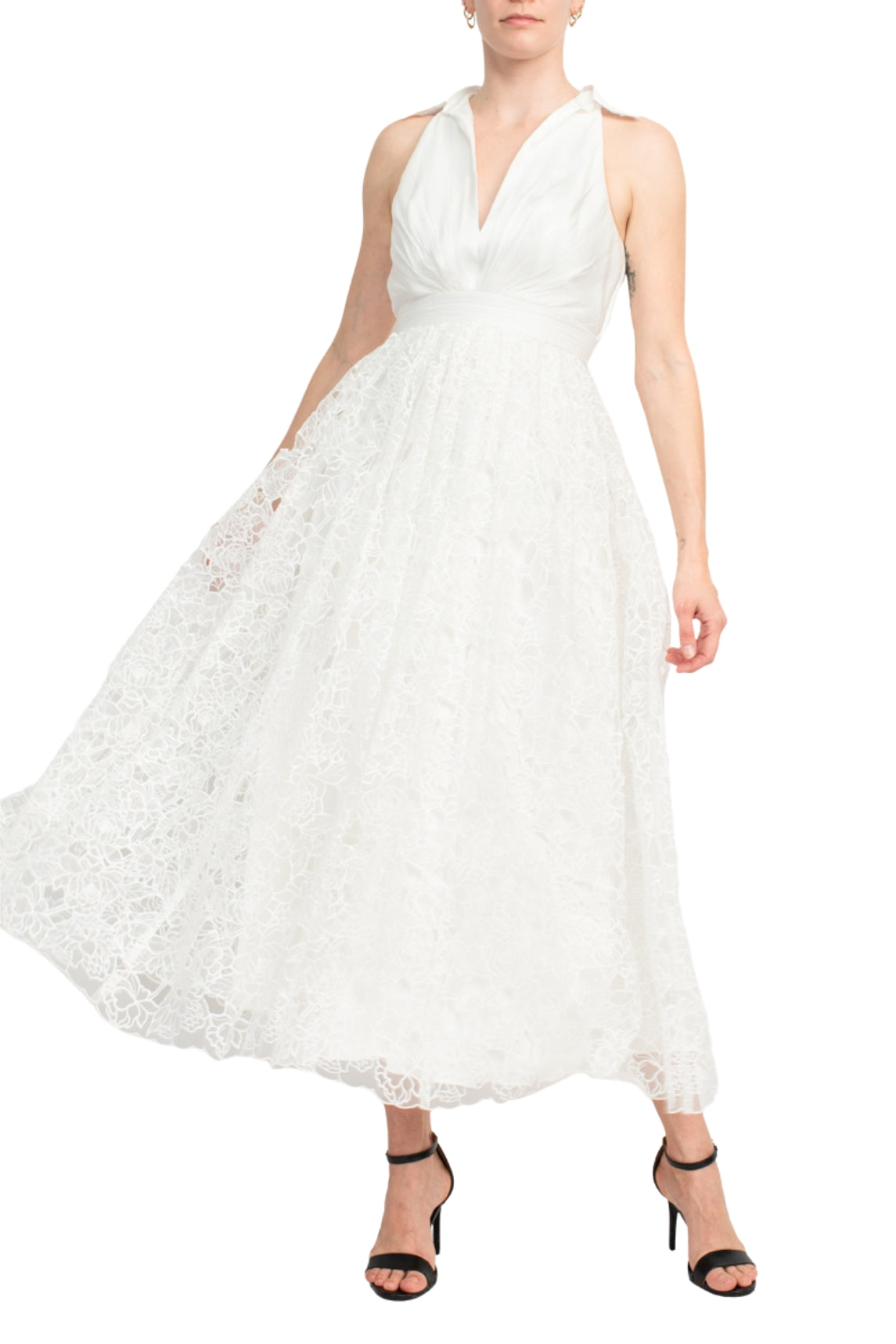 White Halter Neck Midi-Length Lace Cocktail A-Line Dress Sheer Bodice Badgley Mischka SC3965