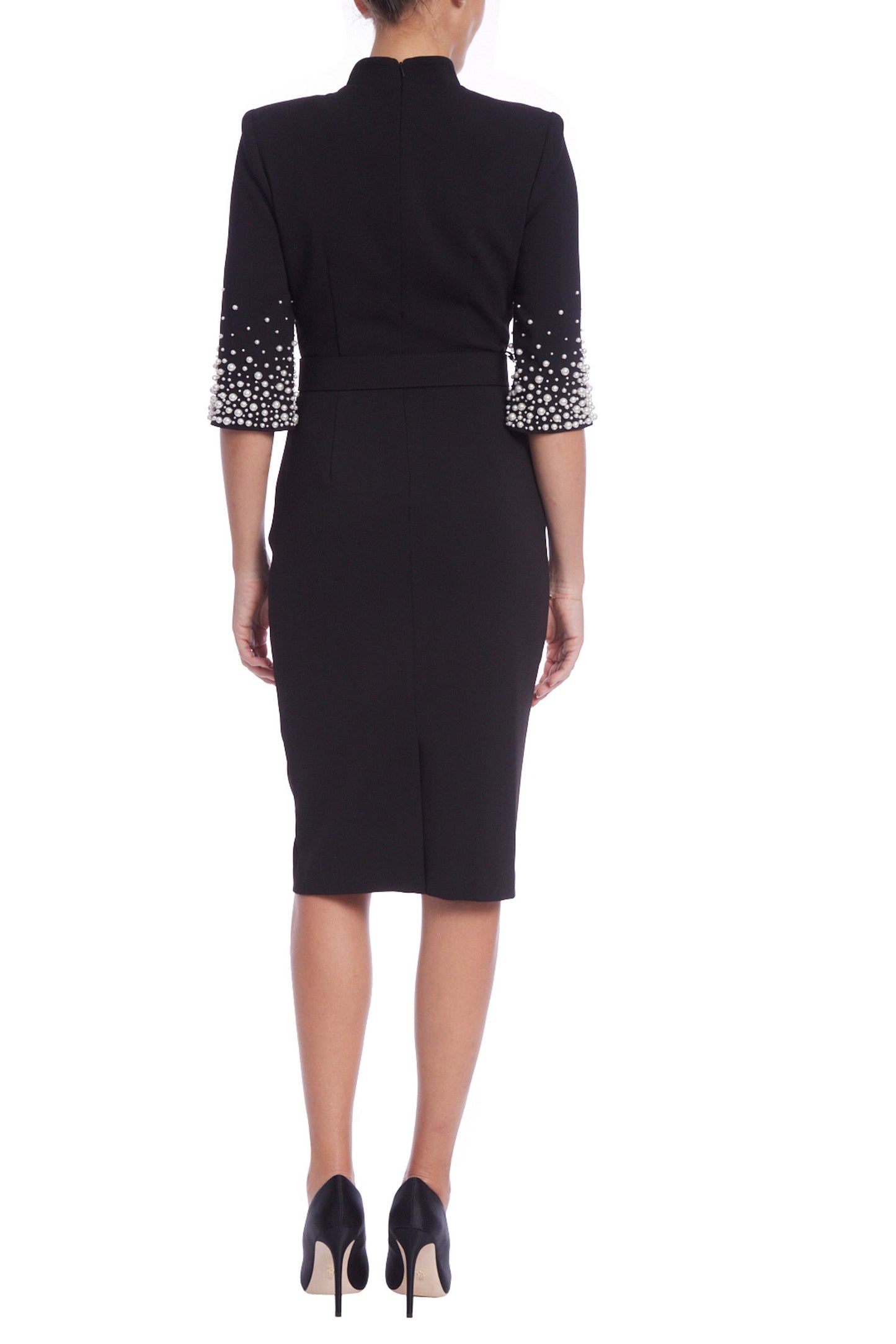 Black High Neck Knee-Length Crepe Cocktail Sheath Dress Embellished Sleeves and Belt Badgley Mischka SC4270