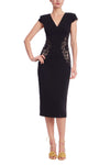 Black V-Neck Knee-Length Crepe Cocktail Sheath Dress Lace Appliqué Badgley Mischka SC4447