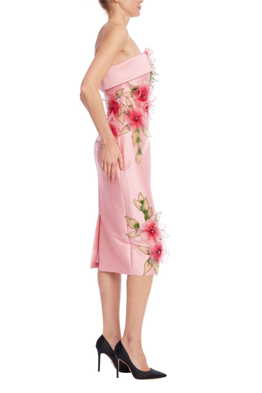 Badgley Mischka Strapless Mikado Sheath Midi Dress with 3D Floral Applique SC4568 Wholesale