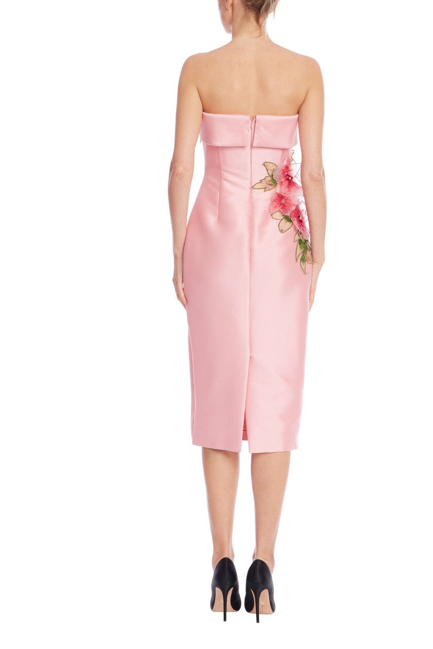 Badgley Mischka Strapless Mikado Sheath Midi Dress with 3D Floral Applique SC4568 Wholesale