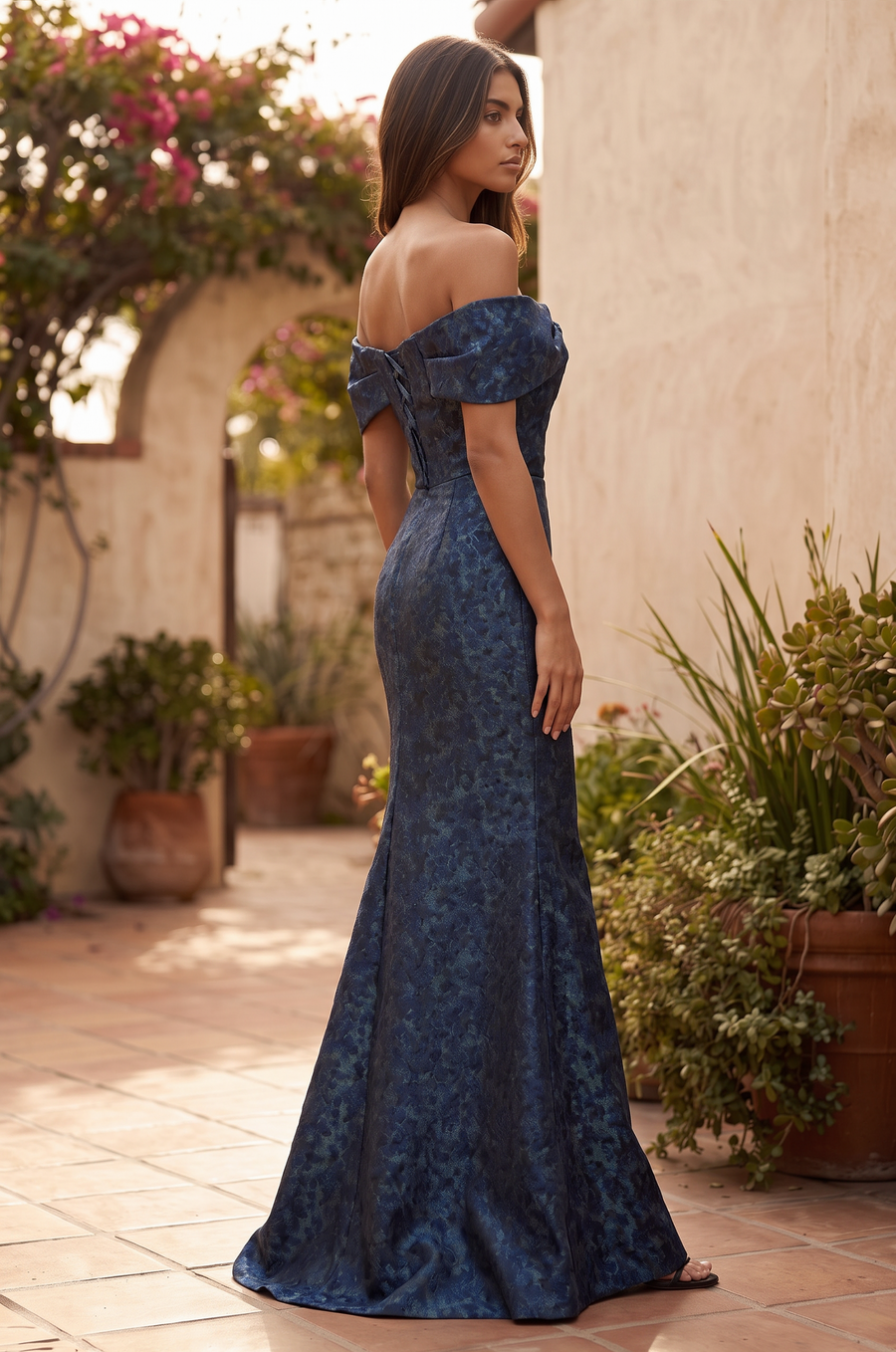 Off the Shoulder Floral Jacquard Mermaid Evening Formal Dress Wholesale