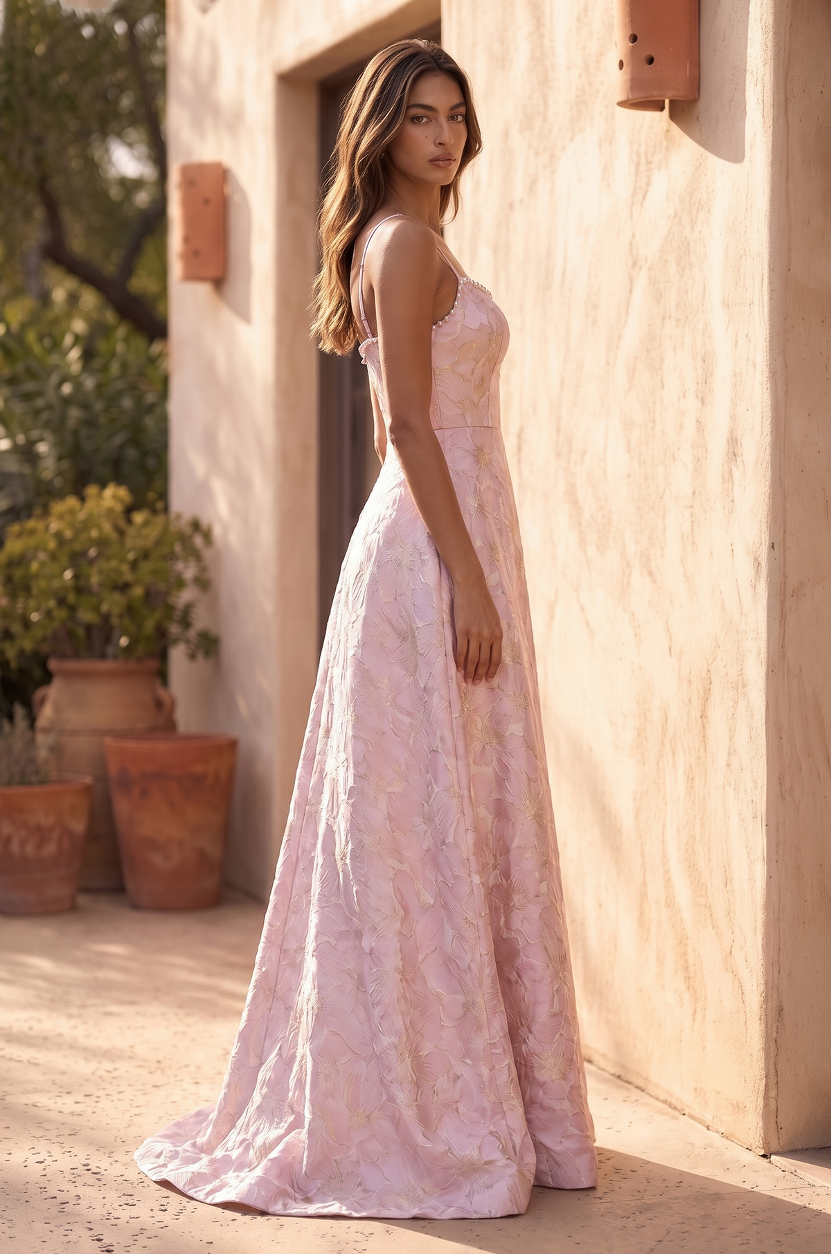 Pink floor-length A-line gown, side view