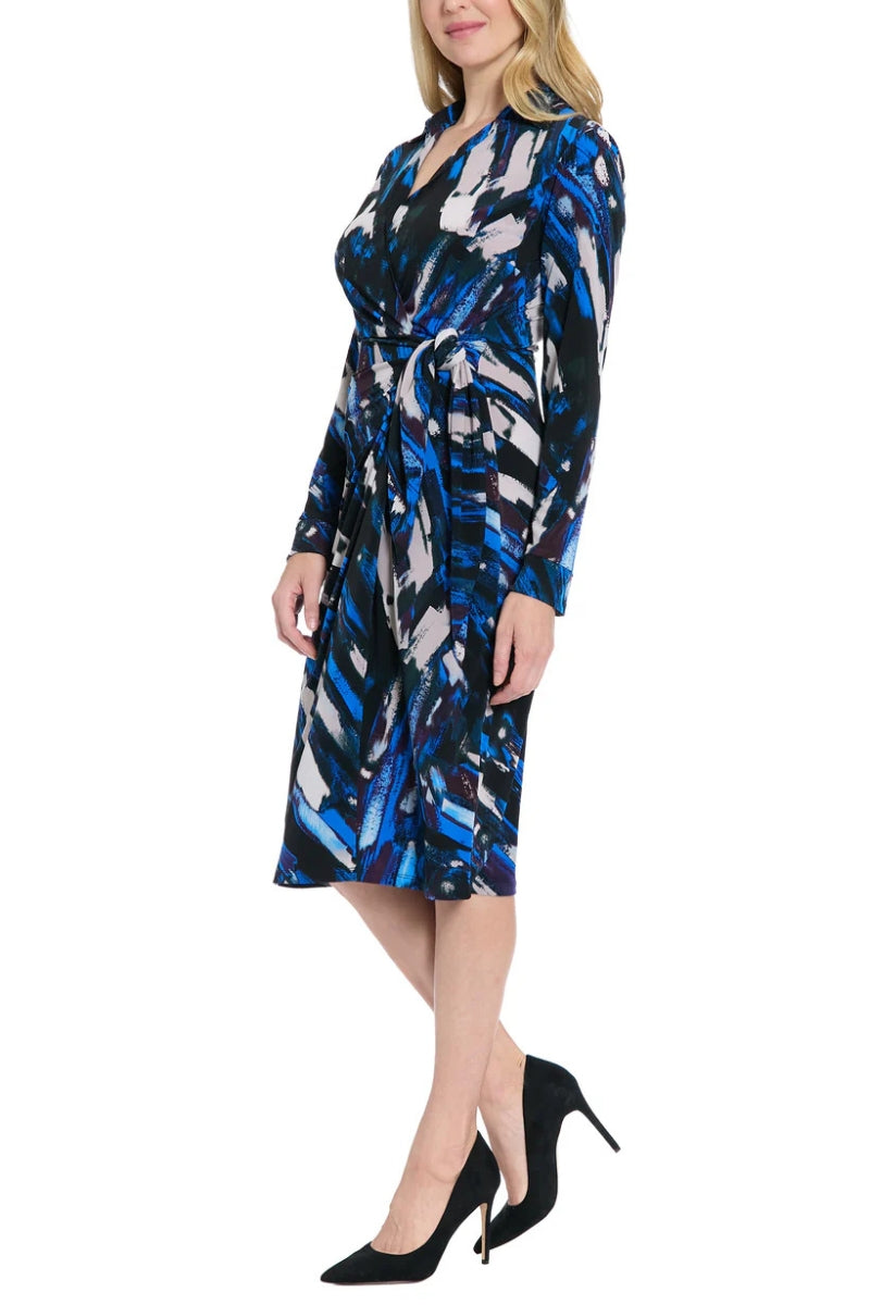 Cocktail Dresses Criss-Cross Collared Neckline Long Sleeved Midi Dress with Cinched Waist  Black/Royal