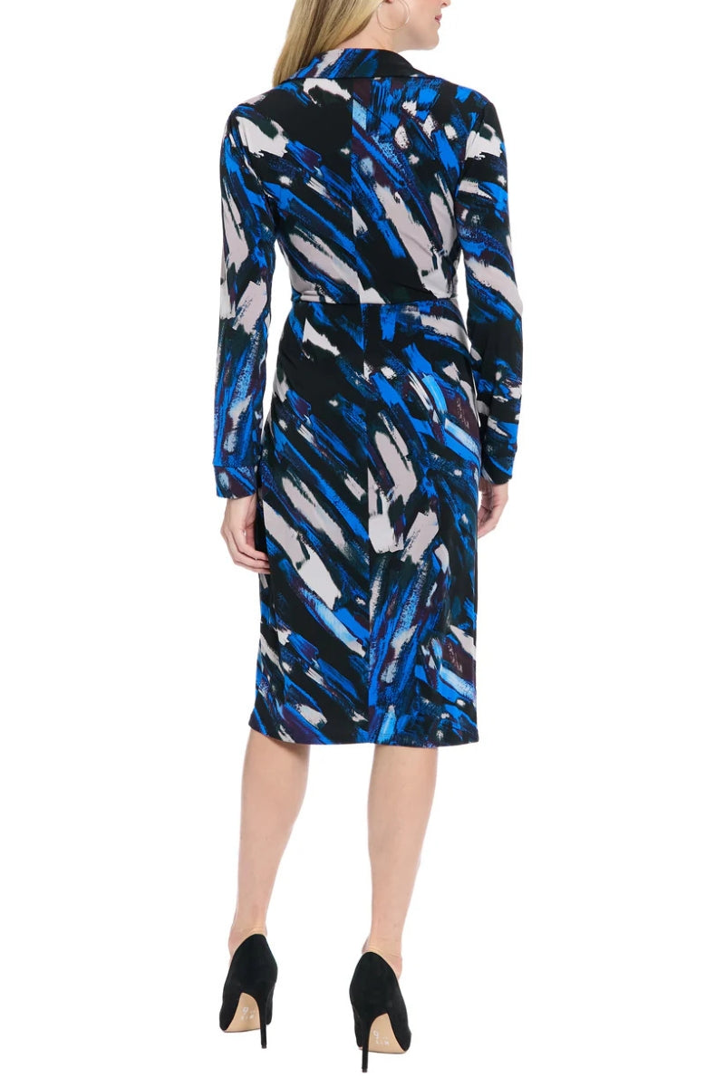 Cocktail Dresses Criss-Cross Collared Neckline Long Sleeved Midi Dress with Cinched Waist  Black/Royal