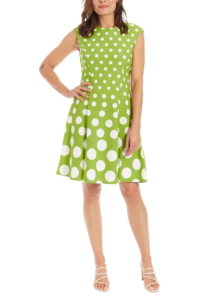 Cocktail Dresses Crew Neck Knee-Length Jersey Casual Fit and Flare Dress with Cap Sleeves and Pleated Skirt Green White