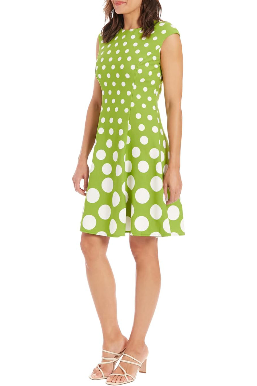 Cocktail Dresses Crew Neck Knee-Length Jersey Casual Fit and Flare Dress with Cap Sleeves and Pleated Skirt Green White