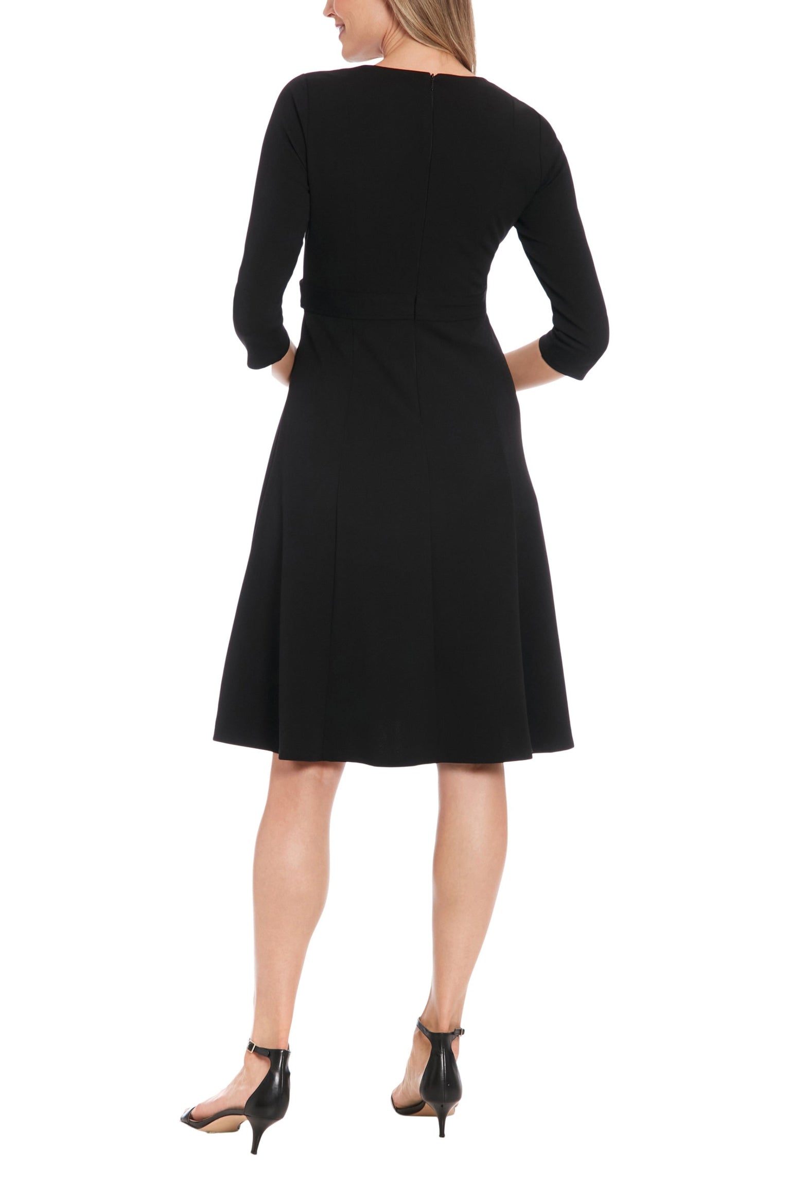 Plus Size Dresses Jewel Neck Knee-Length Fit and Flare Dress with Buttoned Belt and 3/4 Sleeves Black