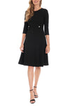 Plus Size Dresses Jewel Neck Knee-Length Fit and Flare Dress with Buttoned Belt and 3/4 Sleeves Black
